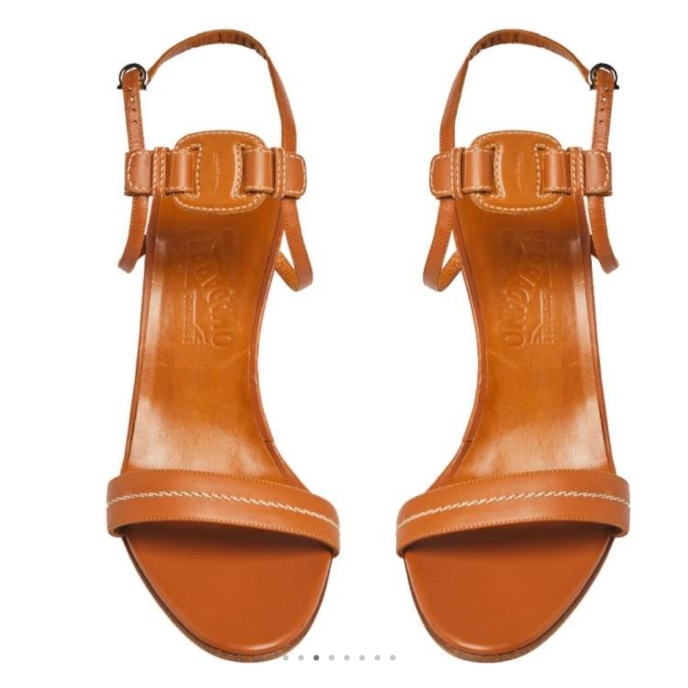Salvatore Ferragamo tan F wedge shoe